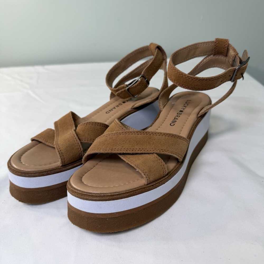 Lucky Brand Women’s Size 6 Sandals Tarhi Brown Suede Ankle Strap Wedge Platform